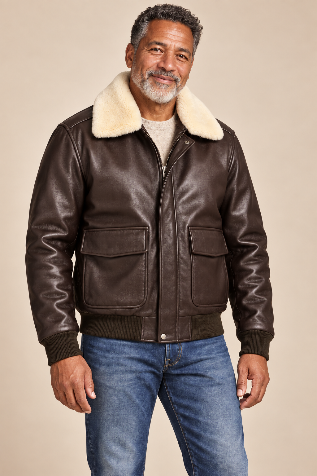 Men’s Genuine Cowhide Leather Aviator Jacket with Fur Collar