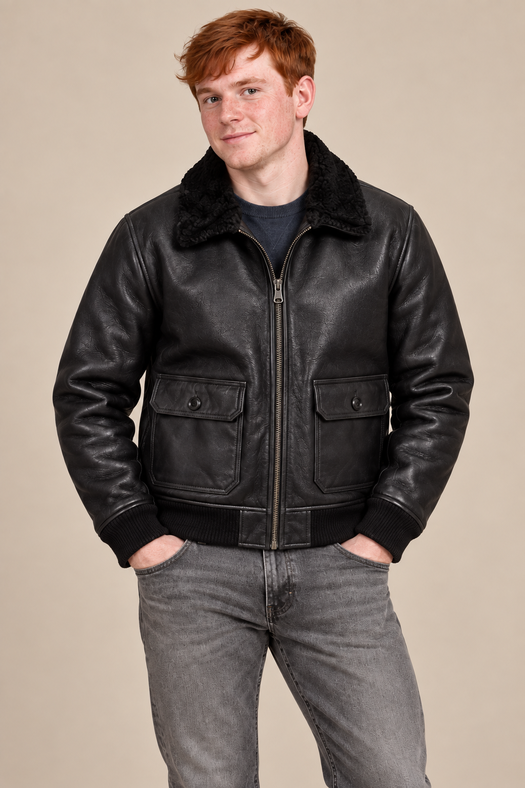Men’s Genuine Sheepskin Shearling Moto Jacket with Turn-Down Collar
