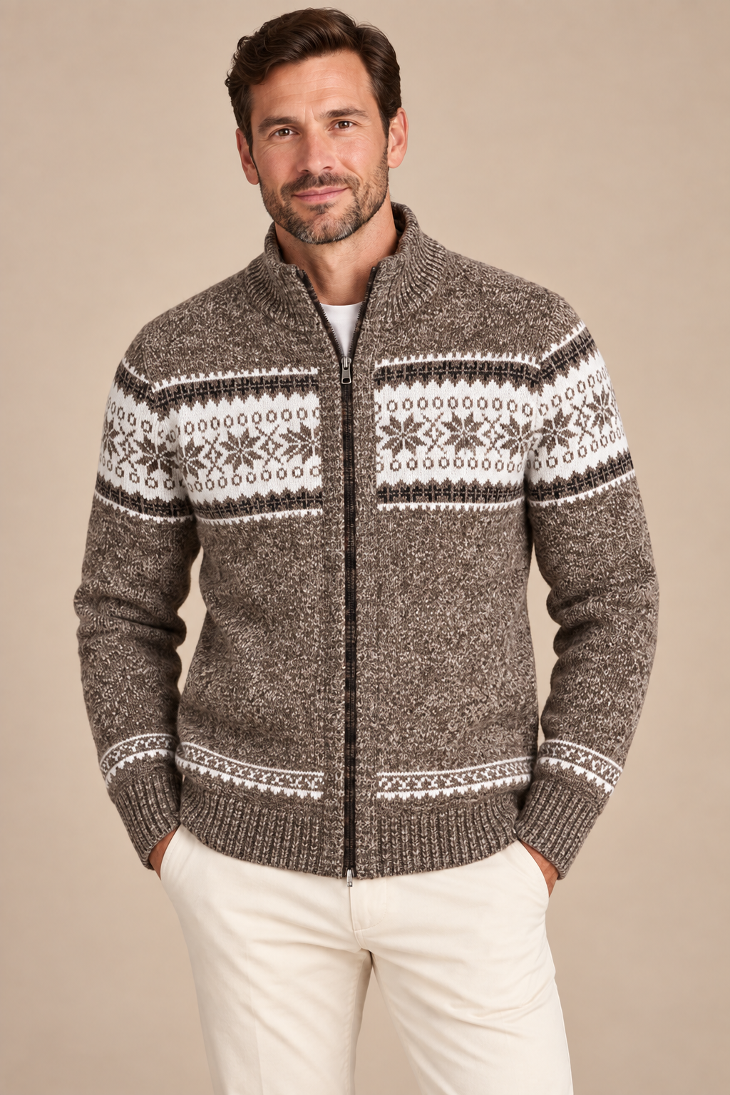 Men’s Fair Isle Knit Zip-Up Cardigan with Stand Collar