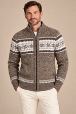 Men’s Fair Isle Knit Zip-Up Cardigan with Stand Collar