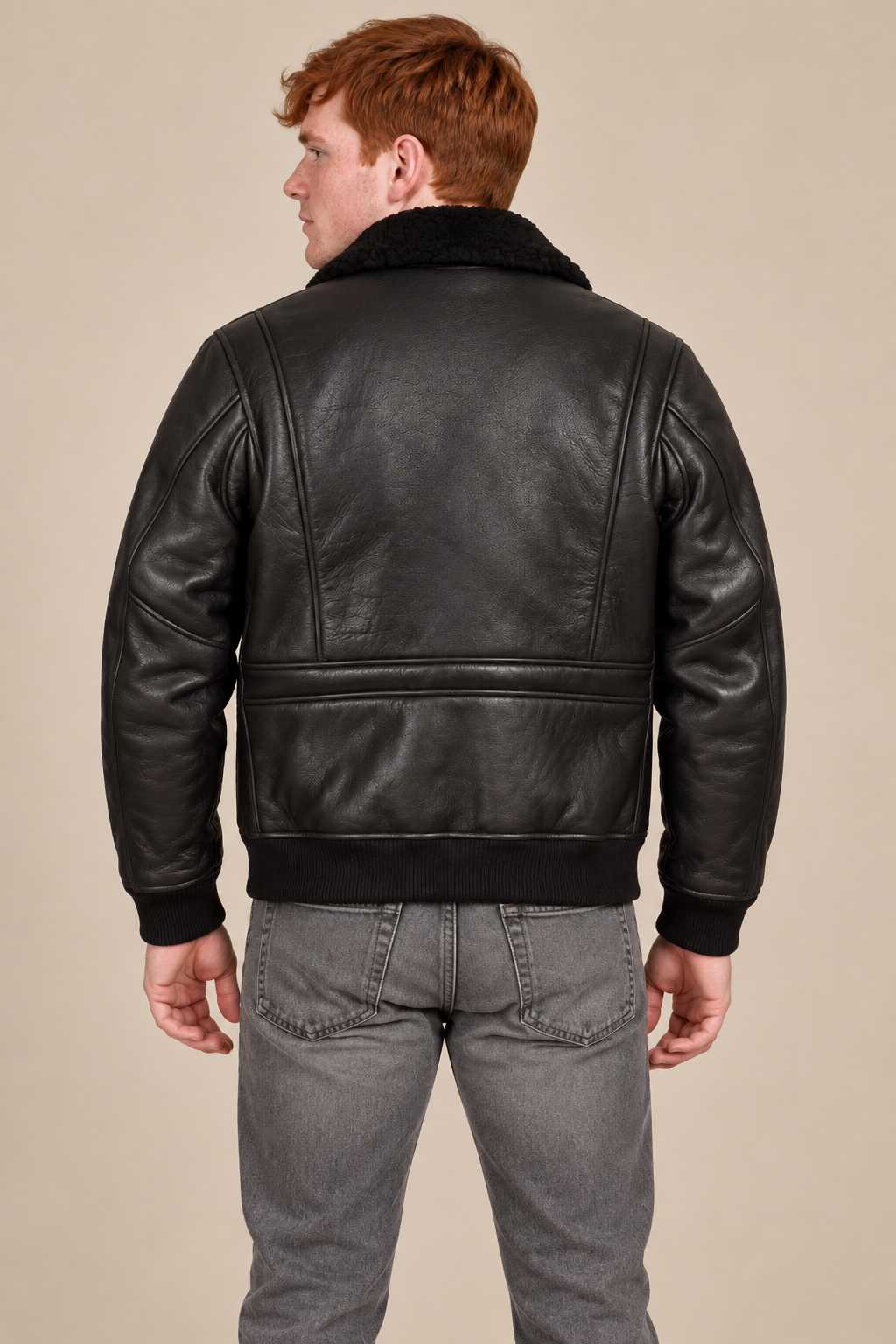 Men’s Genuine Sheepskin Shearling Moto Jacket with Turn-Down Collar