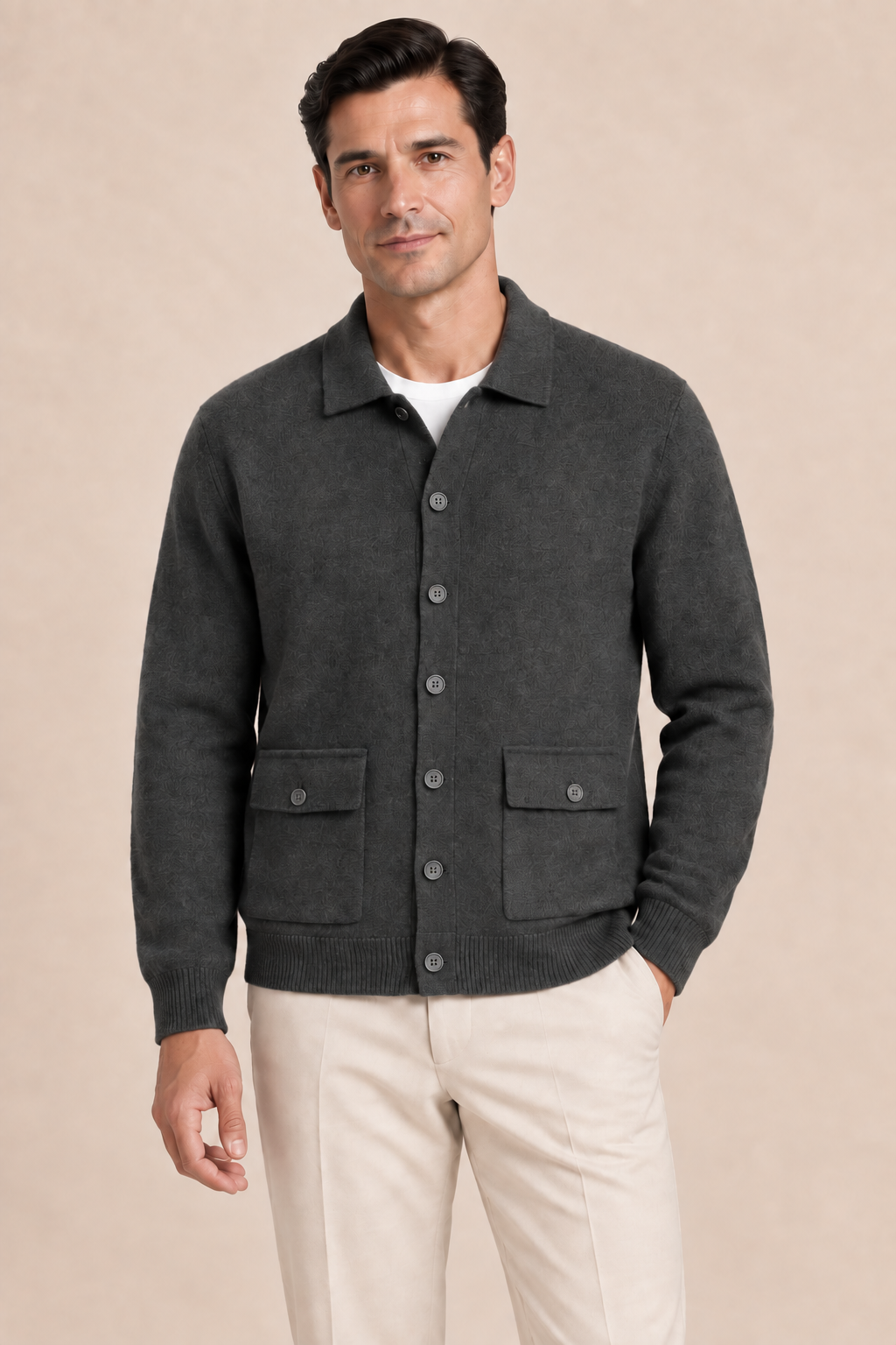 Men’s 100% Cashmere Knitted Cardigan with Turn-Down Collar