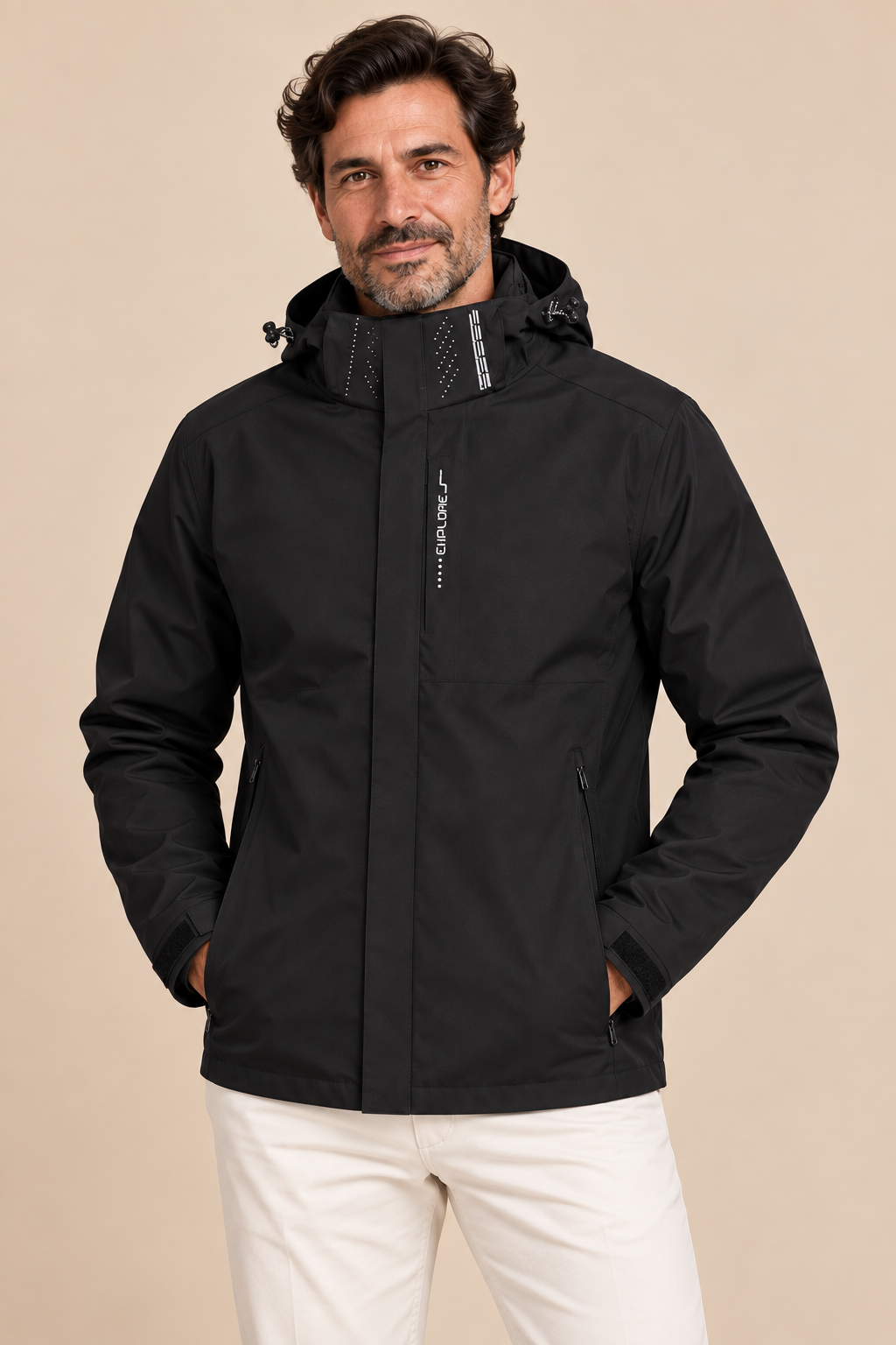 Men’s Hooded Zip-Up Rain Jacket with High Collar