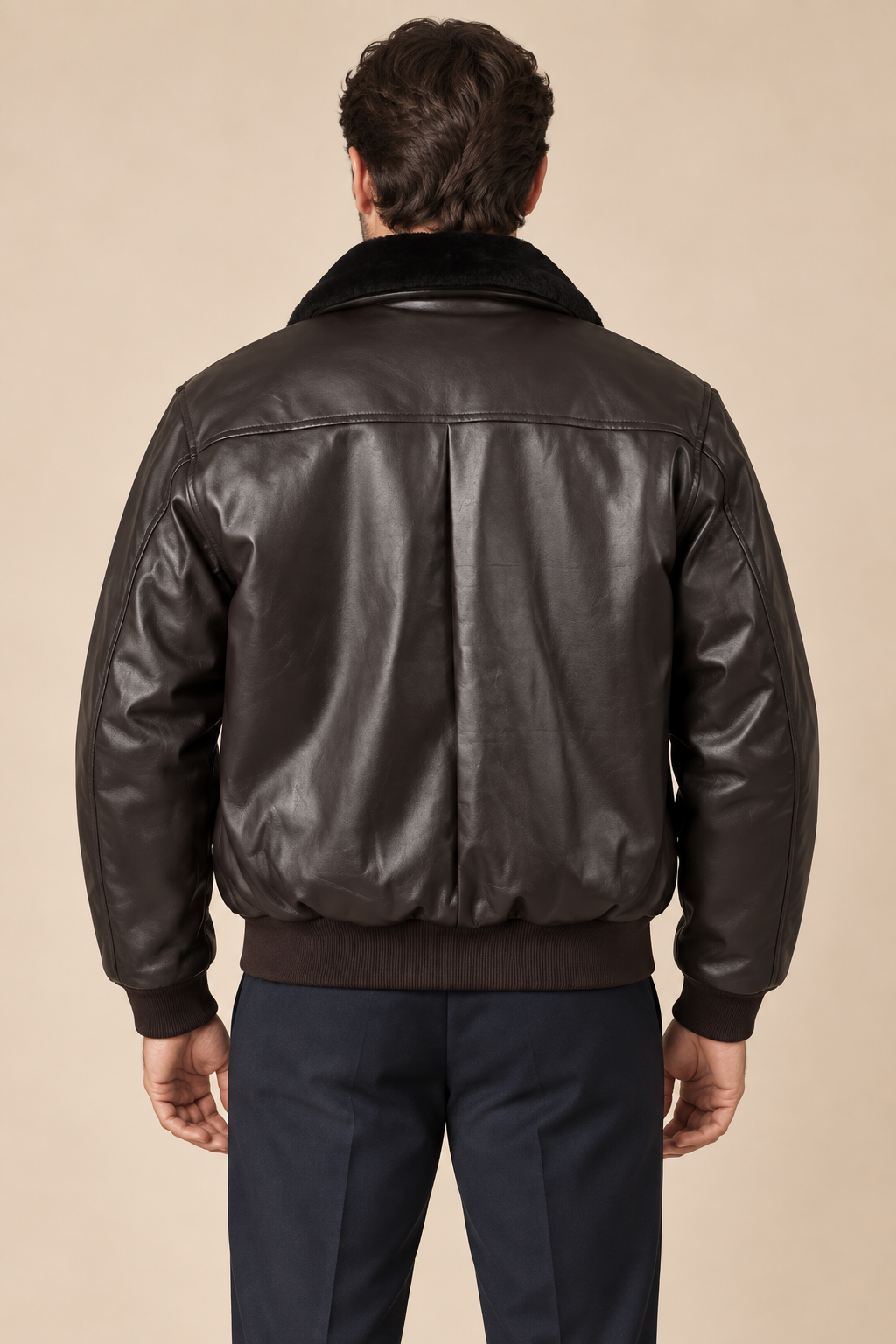 Men’s Faux-Leather Aviator Bomber Jacket with Contrast Collar
