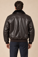 Men’s Faux-Leather Aviator Bomber Jacket with Contrast Collar