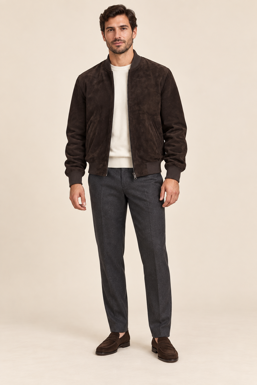 Men’s Suede-Finish Pigskin Leather Bomber Jacket with Ribbed Trims
