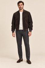 Men’s Suede-Finish Pigskin Leather Bomber Jacket with Ribbed Trims