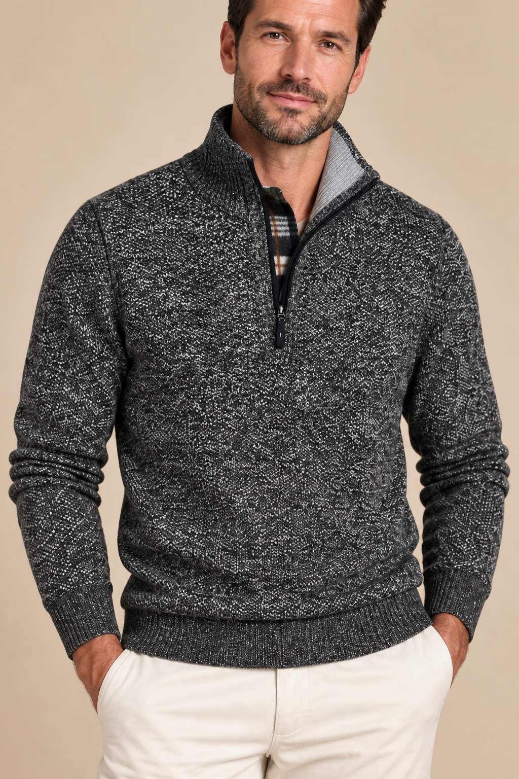 Men’s Textured Knit Half-Zip Jumper with High Collar