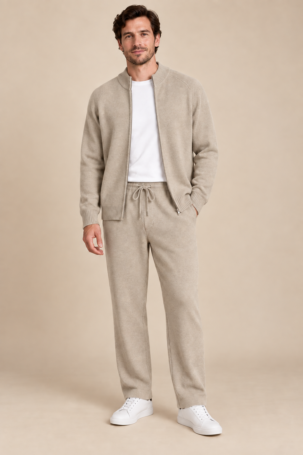 Men’s 100% Merino Wool Knitted Zip Cardigan and Trouser Set