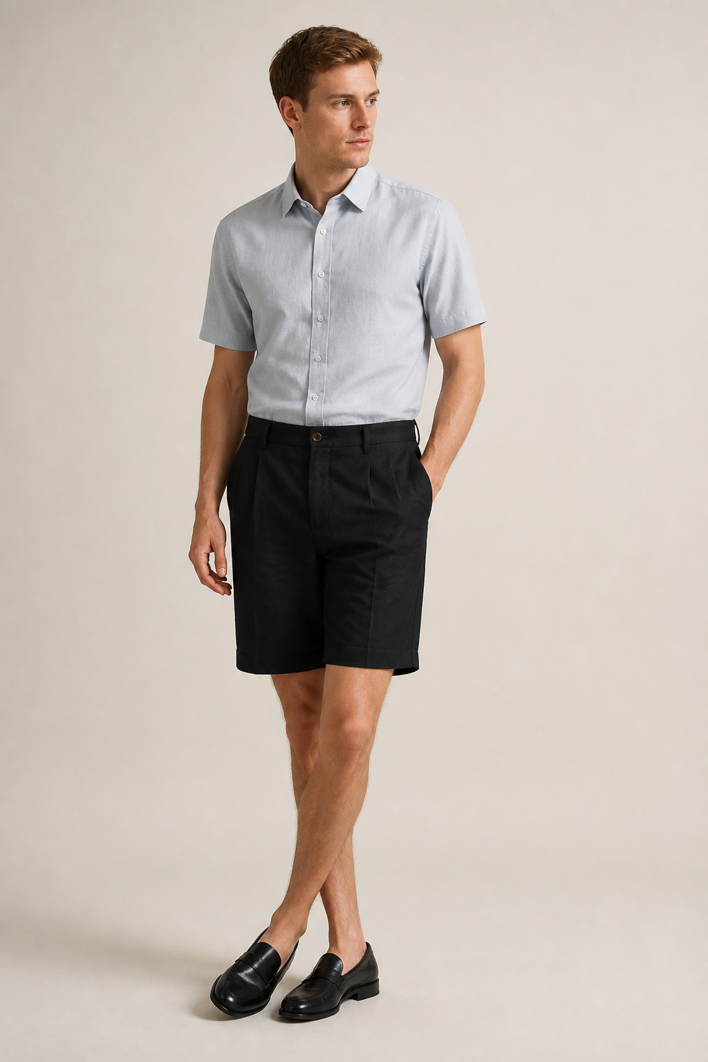 Men's Pleated Bermuda Shorts with Mid-Rise Waist