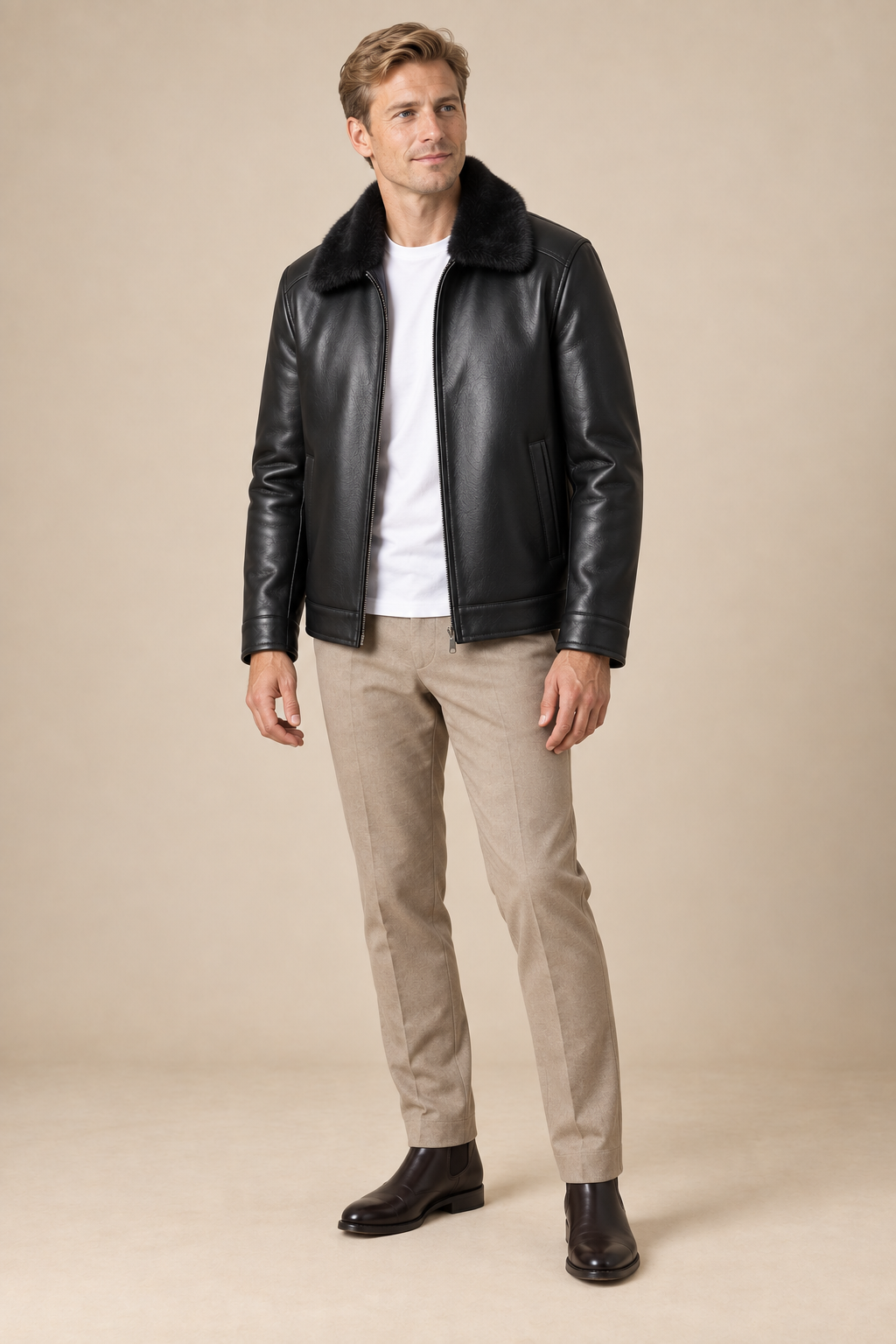 Men’s Genuine Sheepskin Leather Down Jacket with Mink Fur Collar