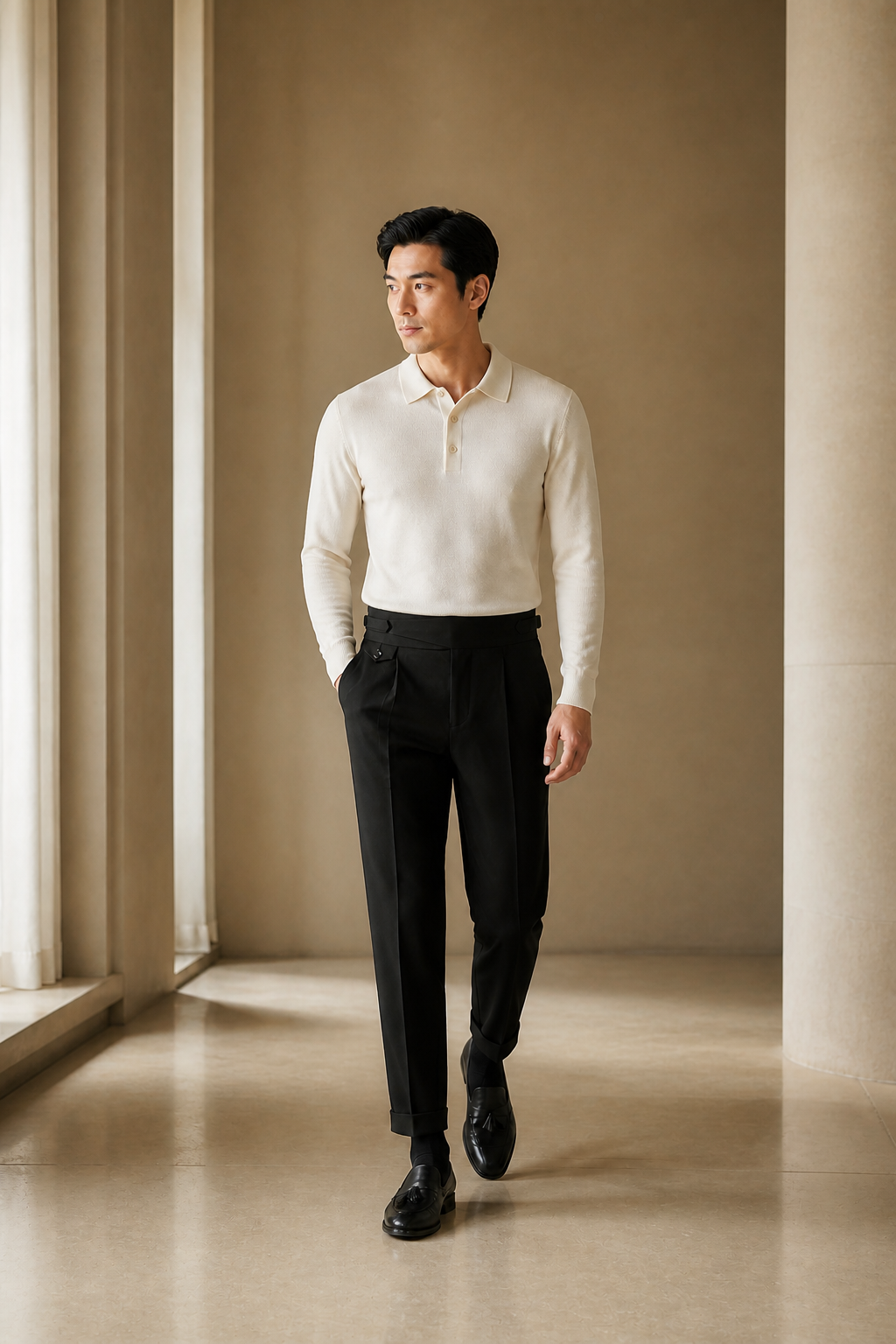 Men's Straight Leg Cotton Trousers with High Waist