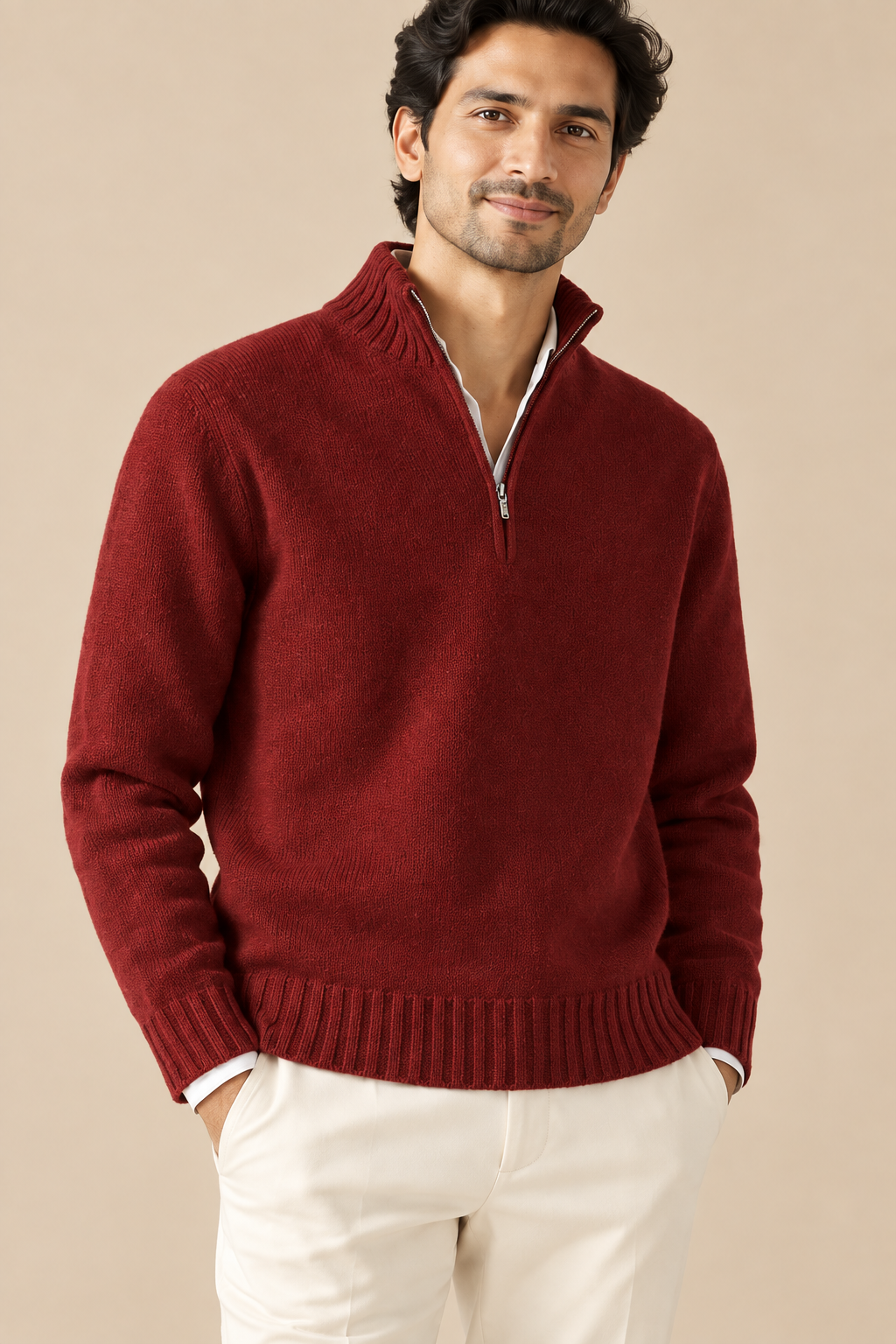 Men’s Half-Zip Knitted Jumper with Stand Collar