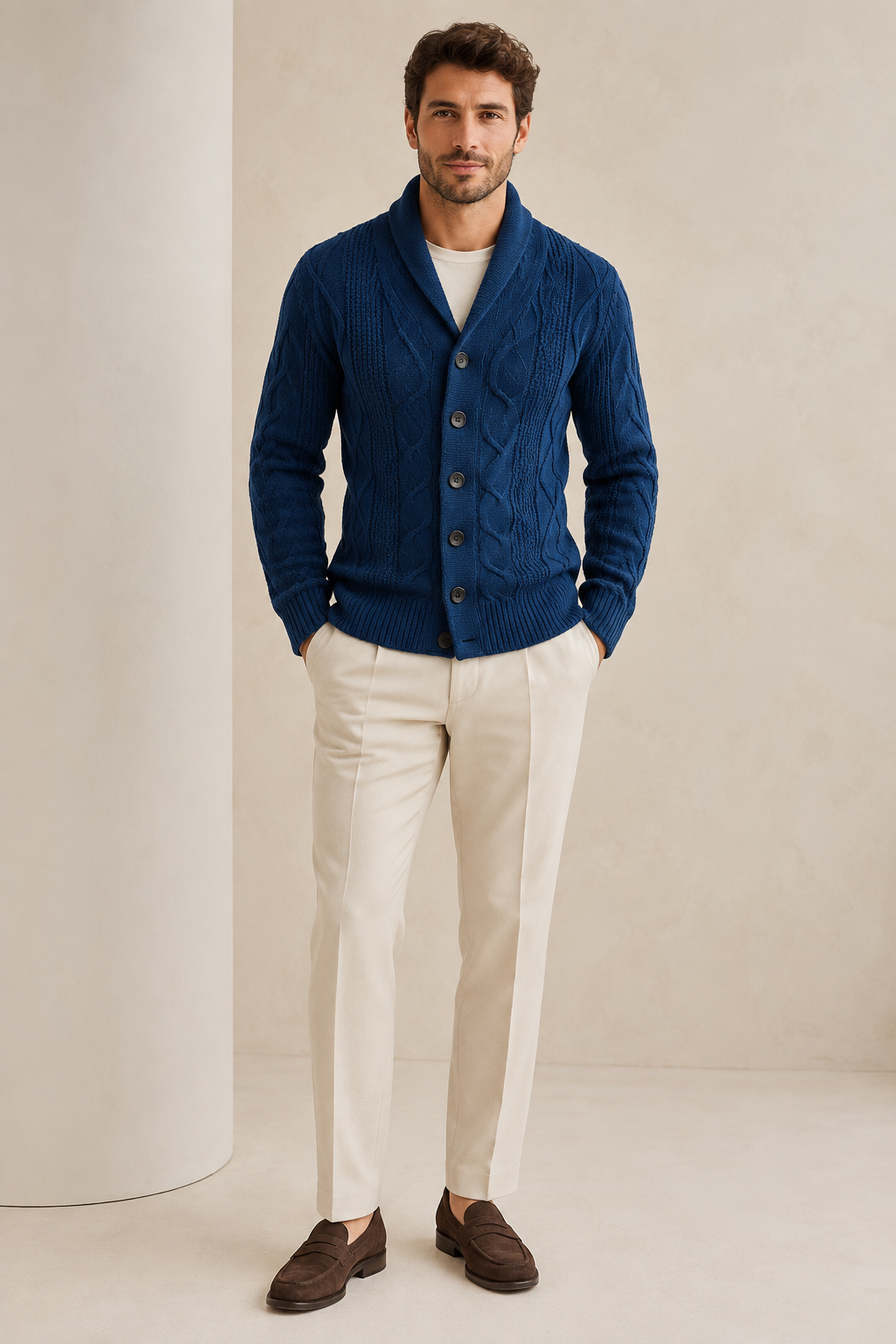 Men's Cable Knit Cardigan with Shawl Collar