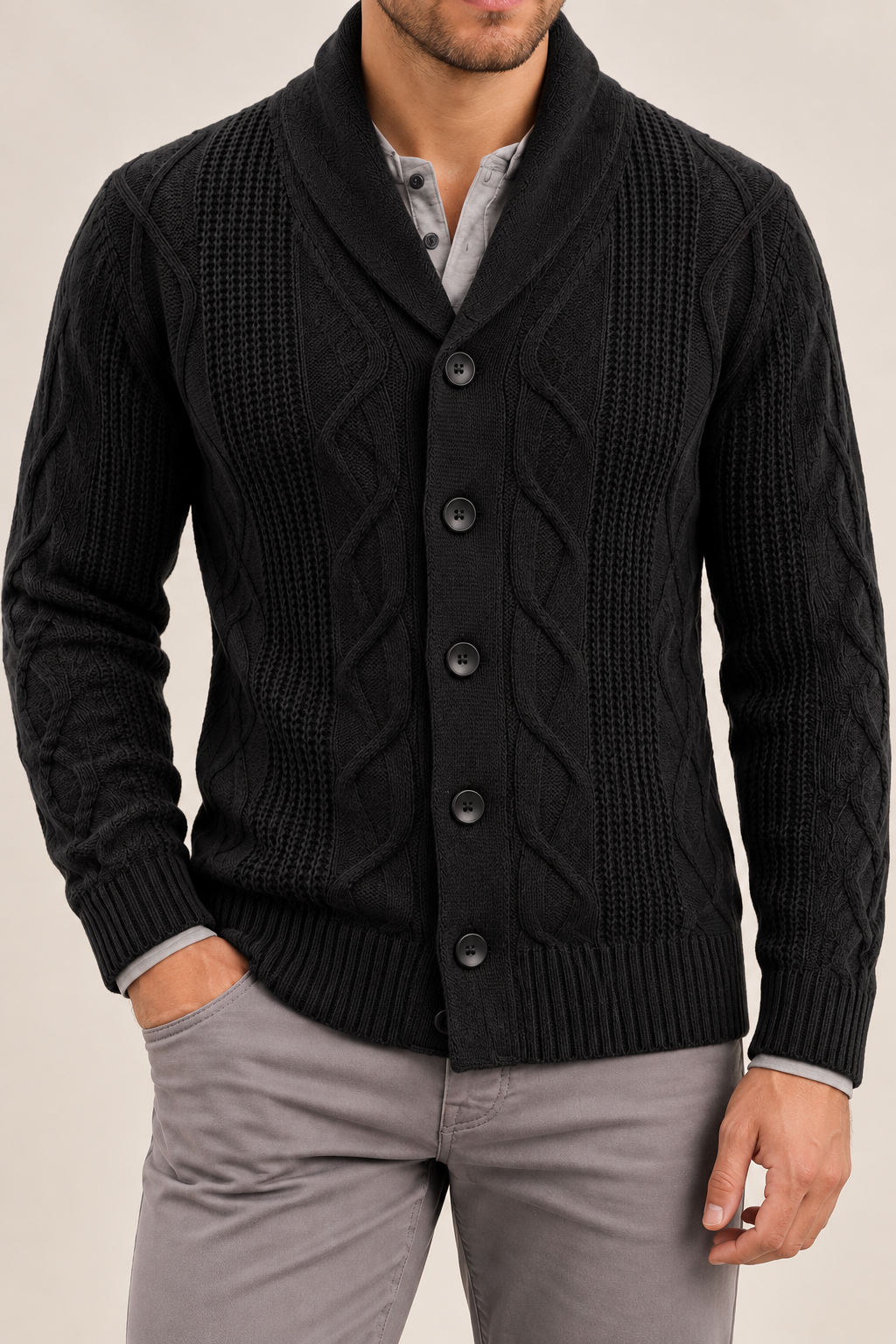 Men's Cable Knit Cardigan with Shawl Collar