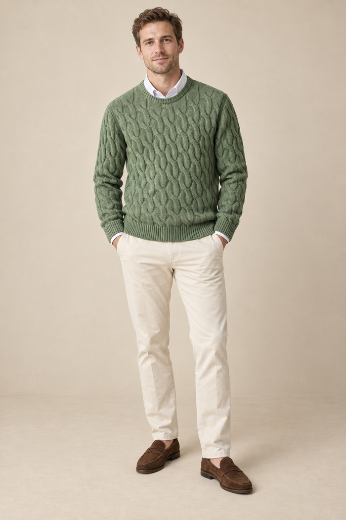 Men’s 100% Merino Wool Cable-Knit Crew-Neck Jumper