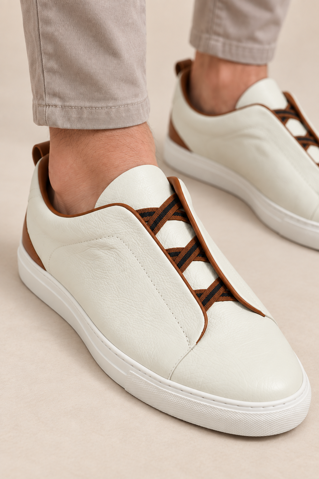 Men’s Cowhide Leather Slip-On Trainers with Contrast Detailing