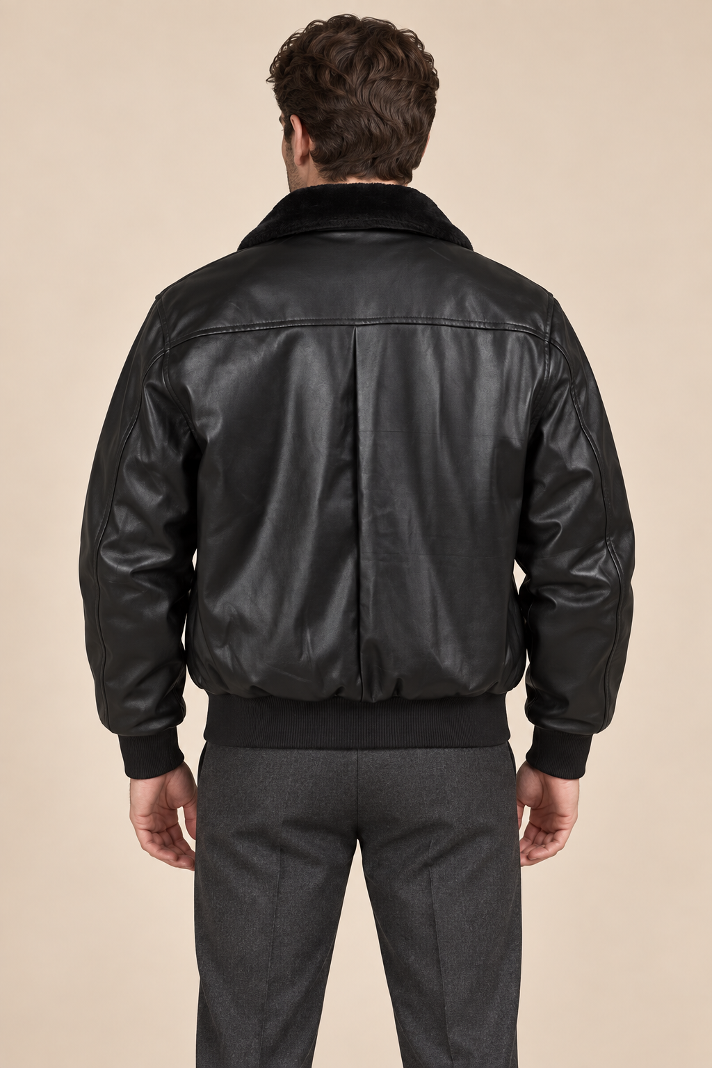 Men’s Faux-Leather Aviator Bomber Jacket with Contrast Collar