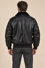 Men’s Faux-Leather Aviator Bomber Jacket with Contrast Collar