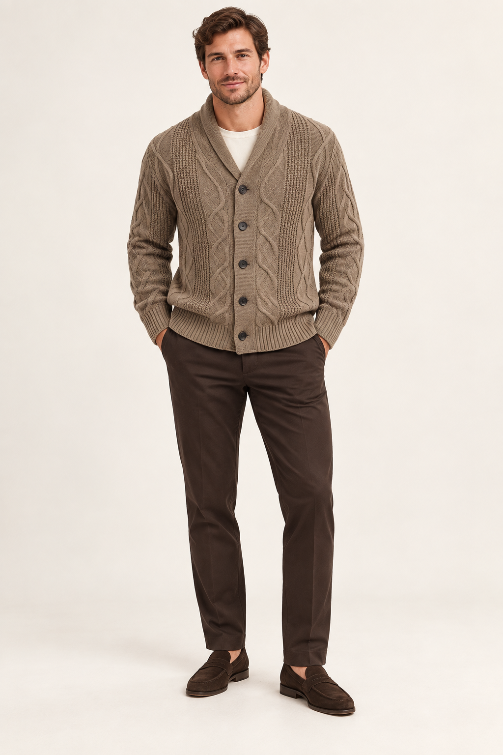 Men's Cable Knit Cardigan with Shawl Collar