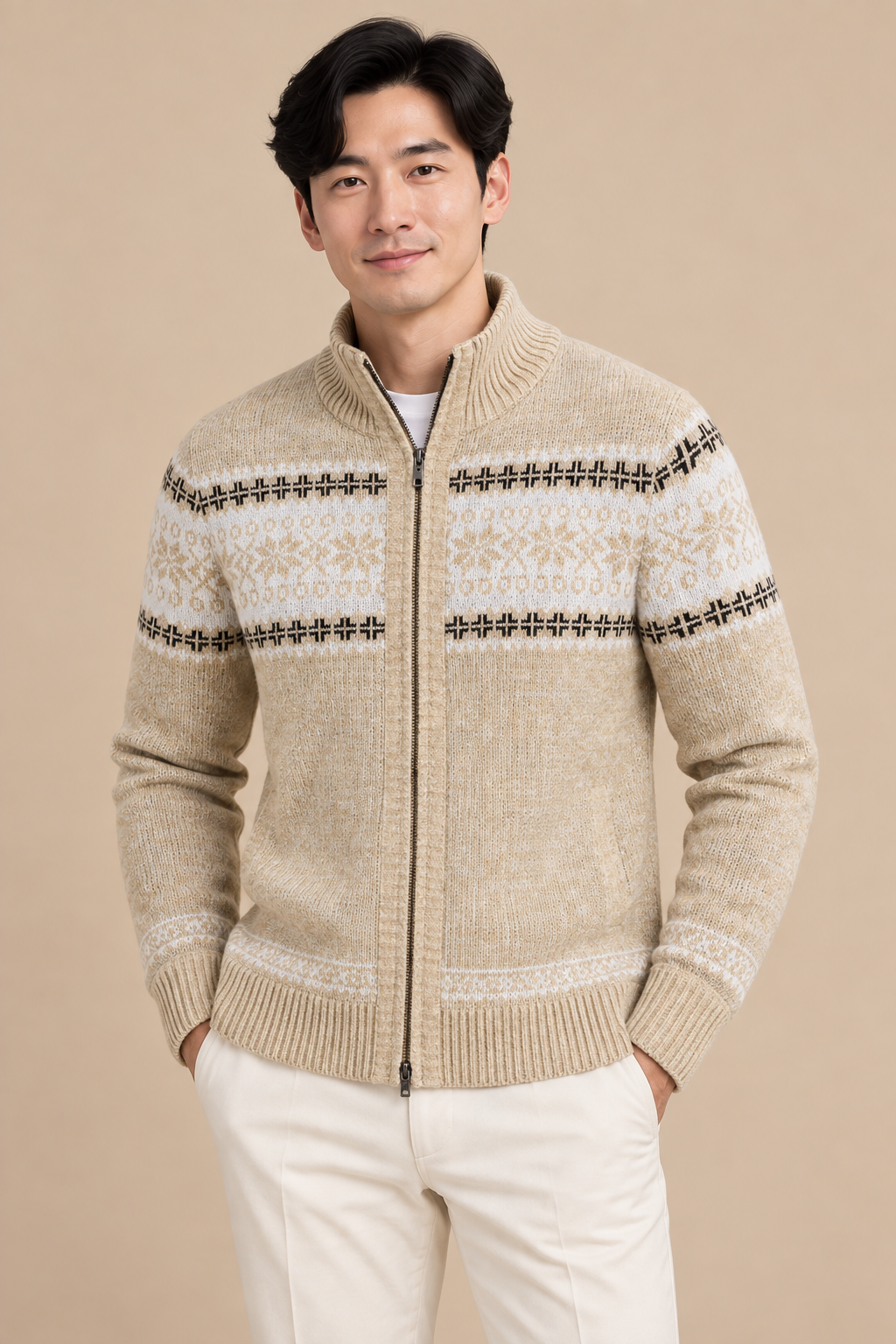 Men’s Fair Isle Knit Zip-Up Cardigan with Stand Collar