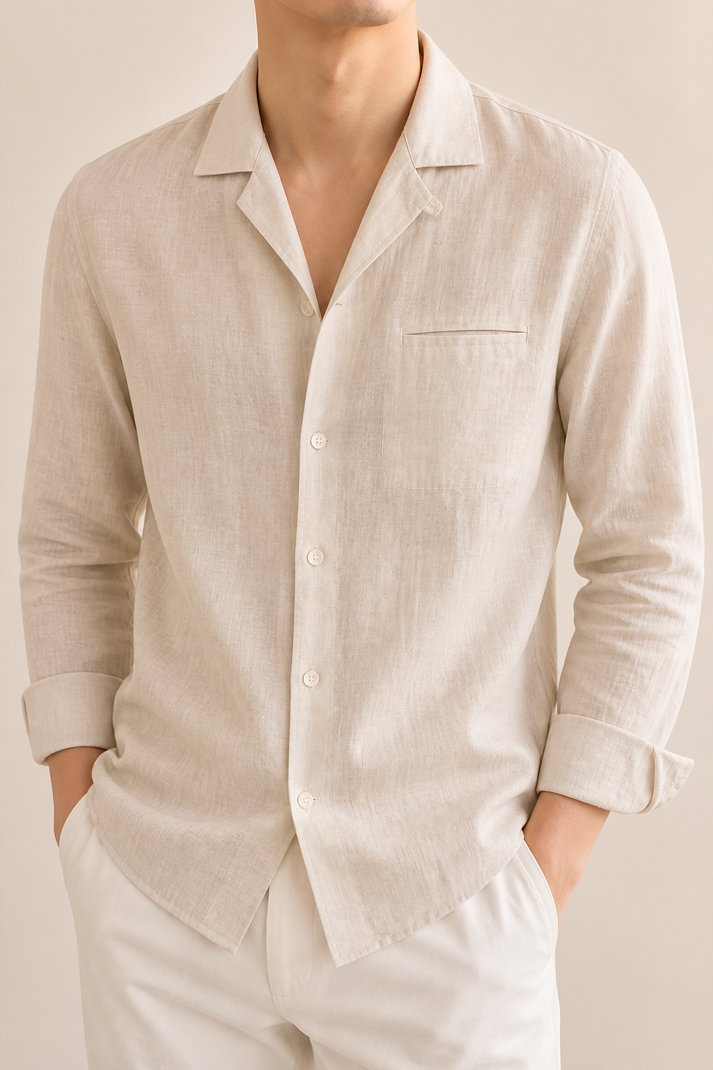 Men's Long Sleeve Shirt with Open Collar in Relaxed Fit