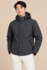 Men’s Hooded Zip-Up Rain Jacket with High Collar