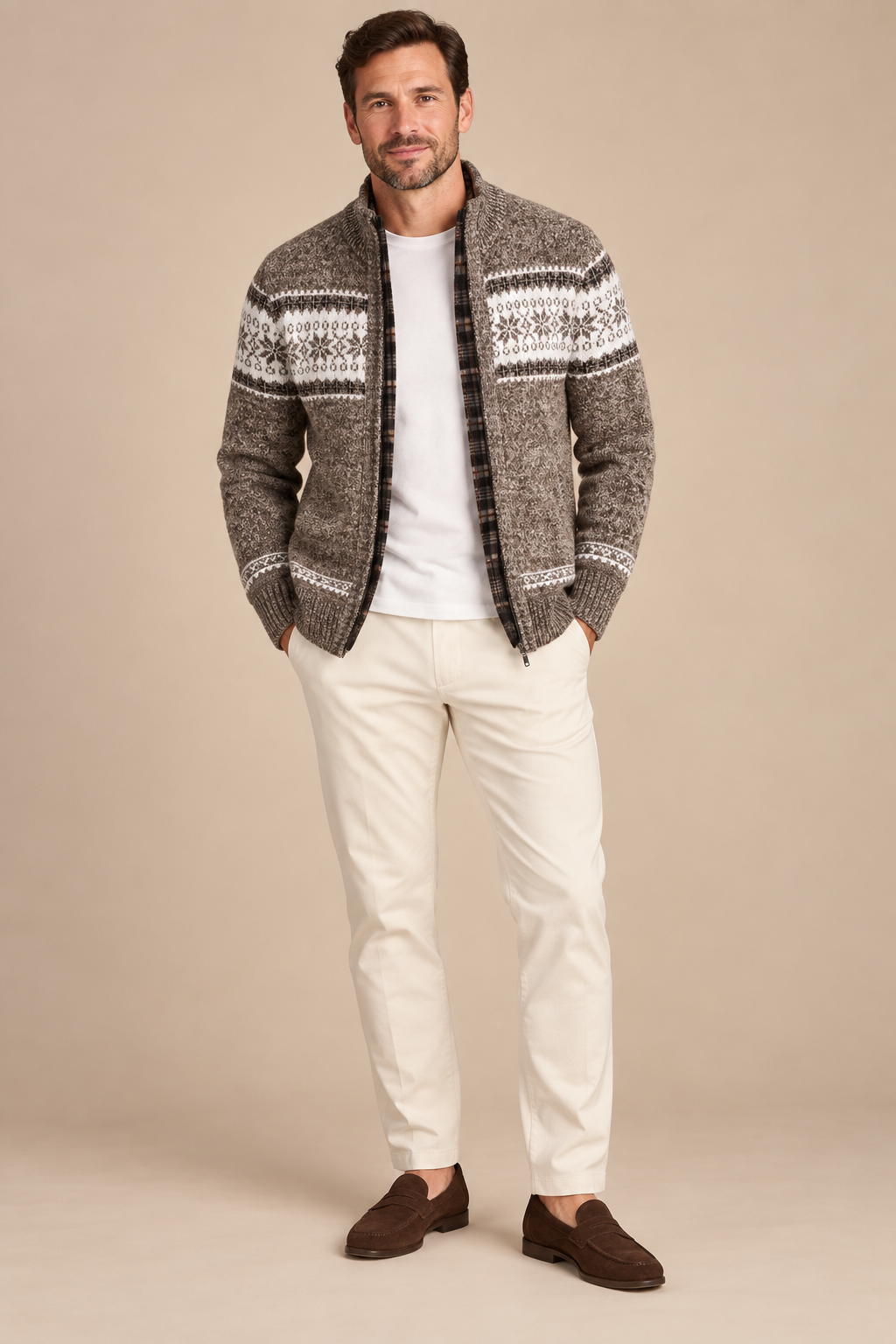 Men’s Fair Isle Knit Zip-Up Cardigan with Stand Collar