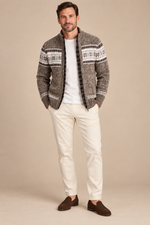 Men’s Fair Isle Knit Zip-Up Cardigan with Stand Collar