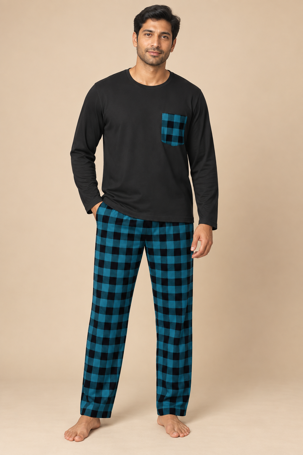 Men’s Checked Winter Pyjama Set with Long-Sleeve Top and Trousers