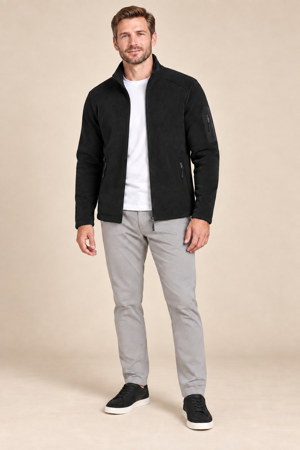 Men’s Full-Zip Fleece Jacket with Stand Collar and Zip Pockets