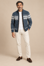 Men’s Fair Isle Knit Zip-Up Cardigan with Stand Collar