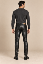 Men’s Slim-Fit Faux-Leather Trousers with Mid-Rise Waist