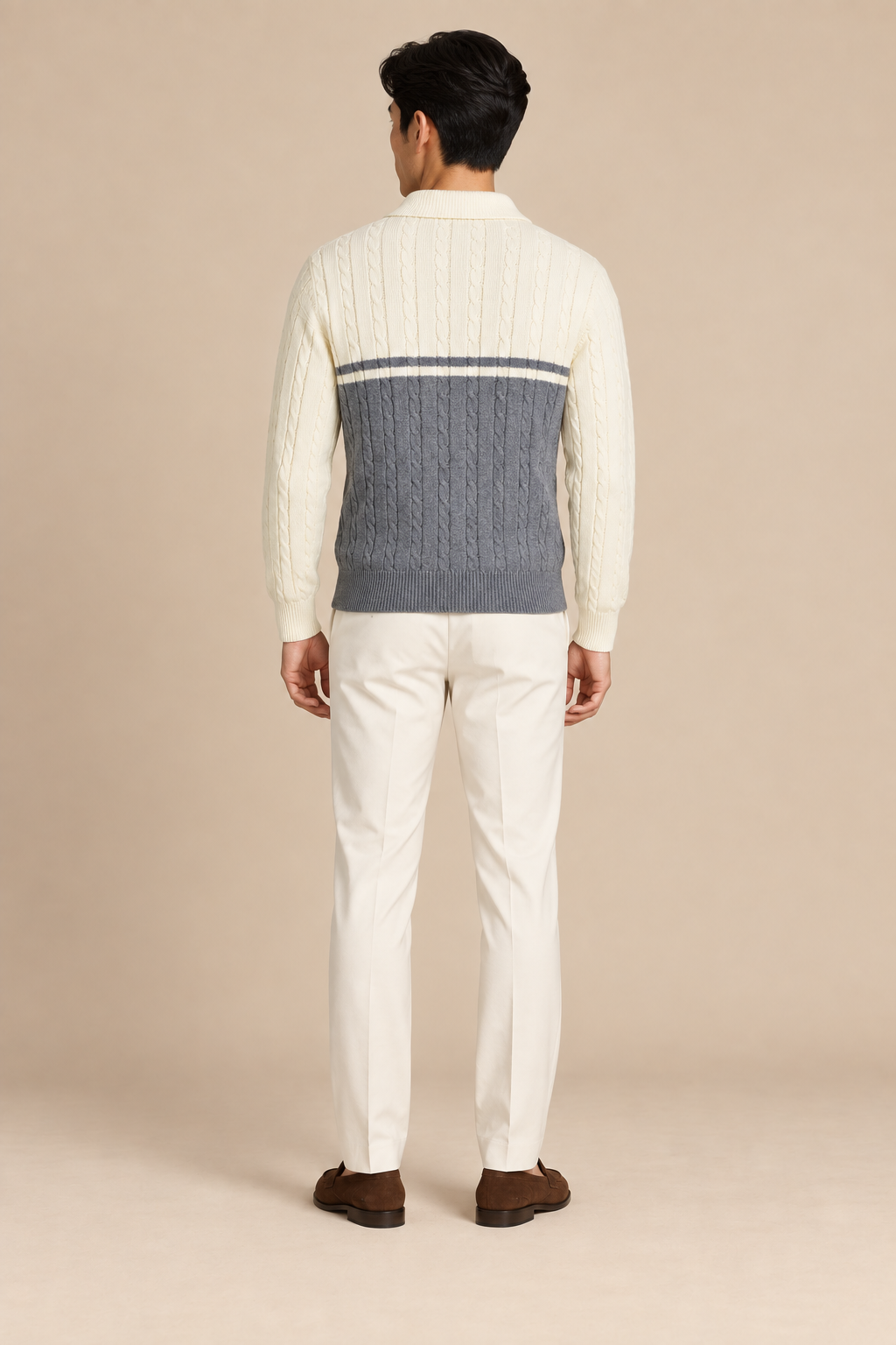 Men’s Cable Knit Quarter-Zip Jumper with Contrast Panel