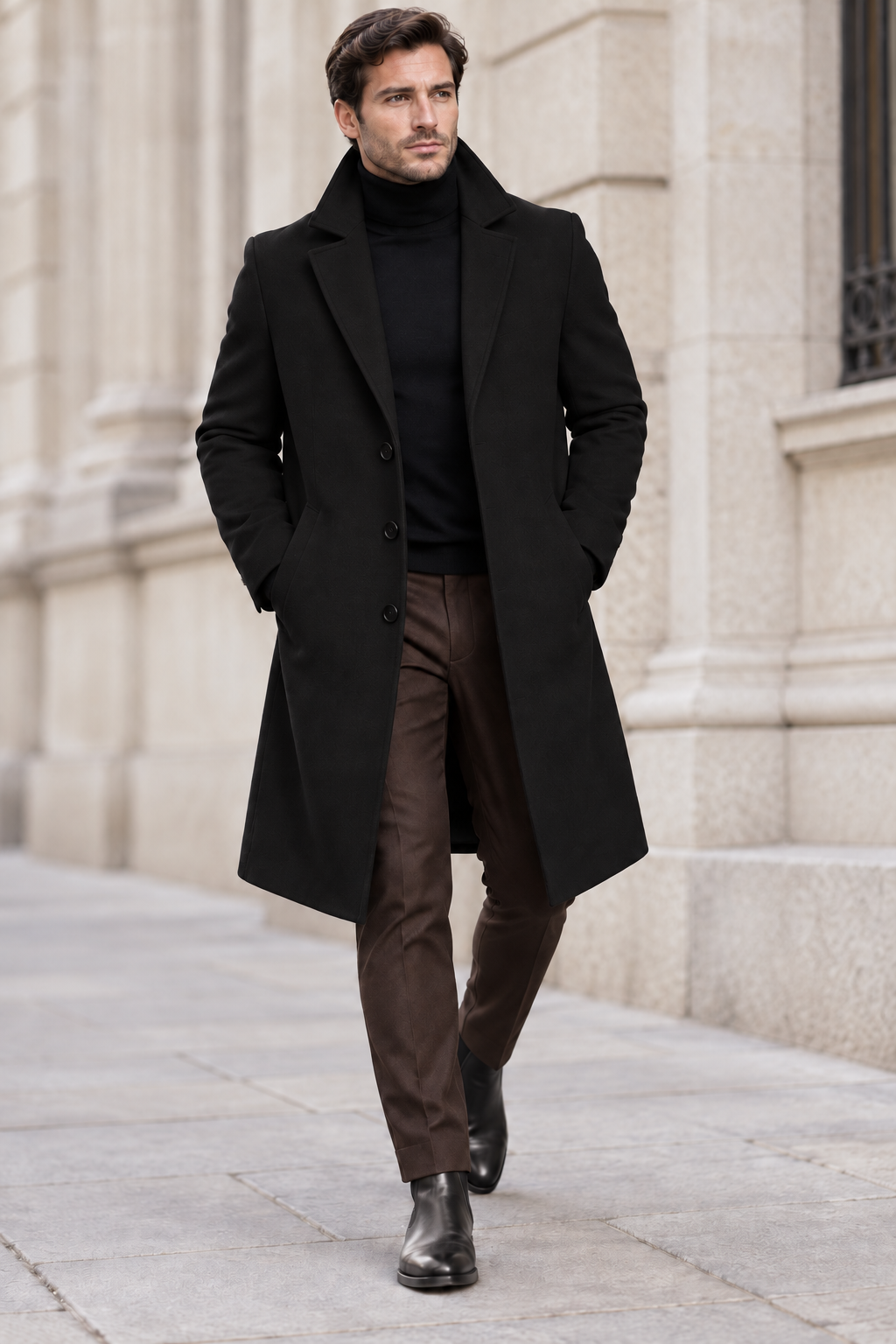 Men's Single-Breasted Overcoat with Notch Lapels