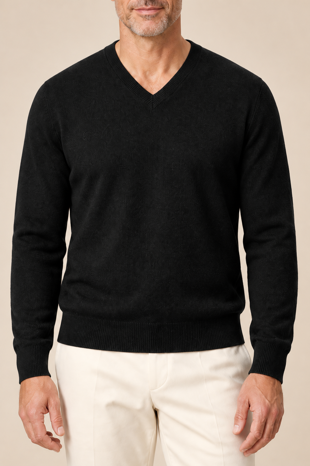 Men’s Fine Knit V-Neck Jumper with Ribbed Trims