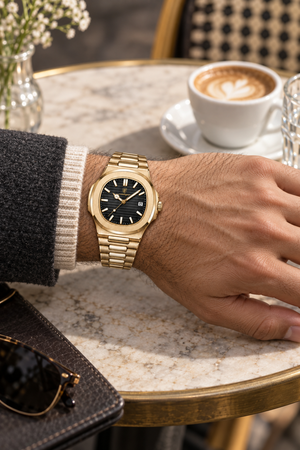 Men’s Gold-Tone Quartz Watch with Textured Dial and Integrated Bracelet