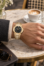 Men’s Gold-Tone Quartz Watch with Textured Dial and Integrated Bracelet