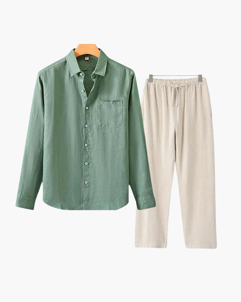 Men's Co-ord Set with Long Sleeve Shirt and Drawstring Trousers
