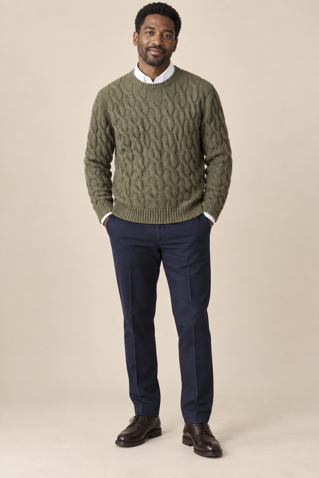 Men’s 100% Merino Wool Cable-Knit Crew-Neck Jumper