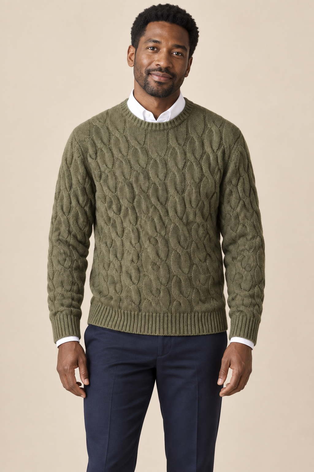 Men’s 100% Merino Wool Cable-Knit Crew-Neck Jumper