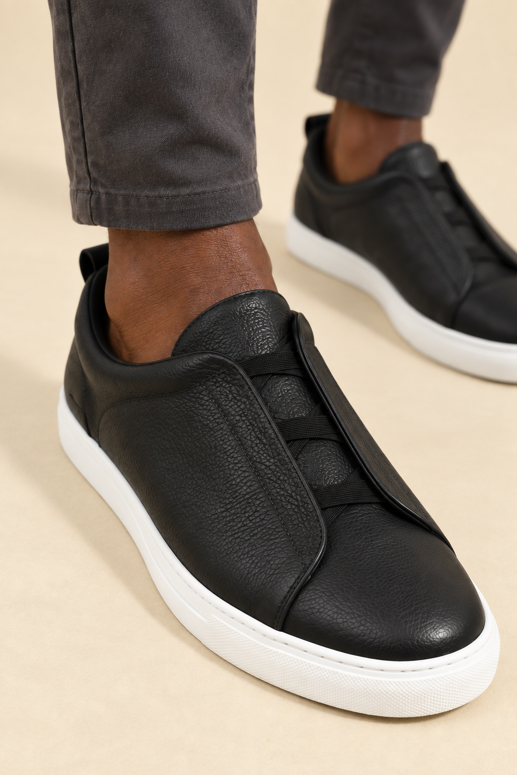 Men’s Cowhide Leather Slip-On Trainers with Contrast Detailing