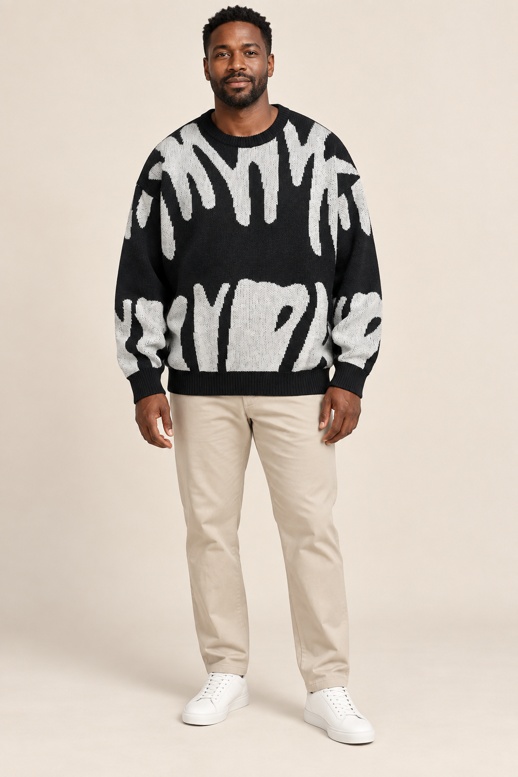 Men’s Abstract Pattern Knit Crew-Neck Jumper with Ribbed Trims