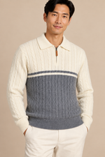 Men’s Cable Knit Quarter-Zip Jumper with Contrast Panel