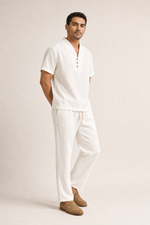 Men's Co-ord Set with Short Sleeve Shirt and Drawstring Trousers