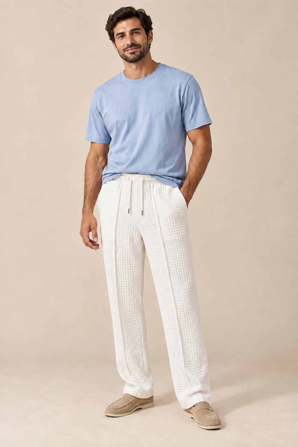 Men’s Waffle-Knit Wide-Leg Trousers with Drawstring Waist