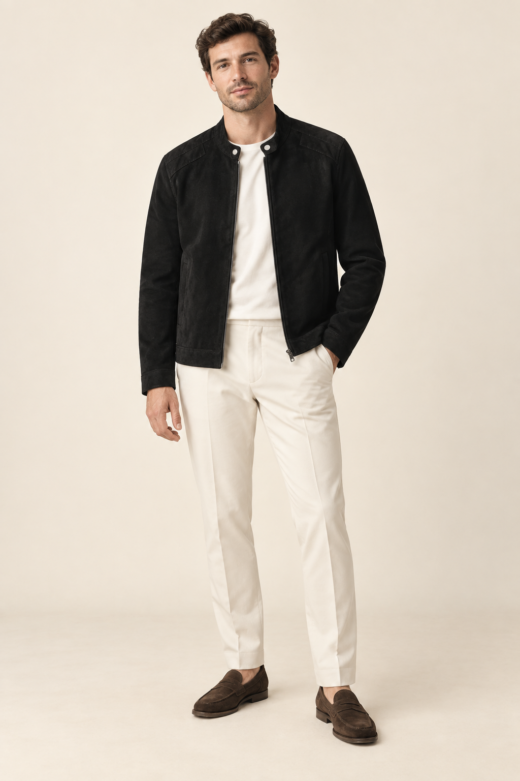 Men’s Suede-Look Zip-Up Jacket with Stand Collar