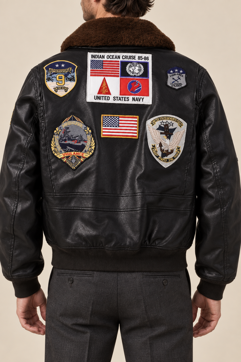 Men’s Aviator Bomber Jacket with Patches and Contrast Collar