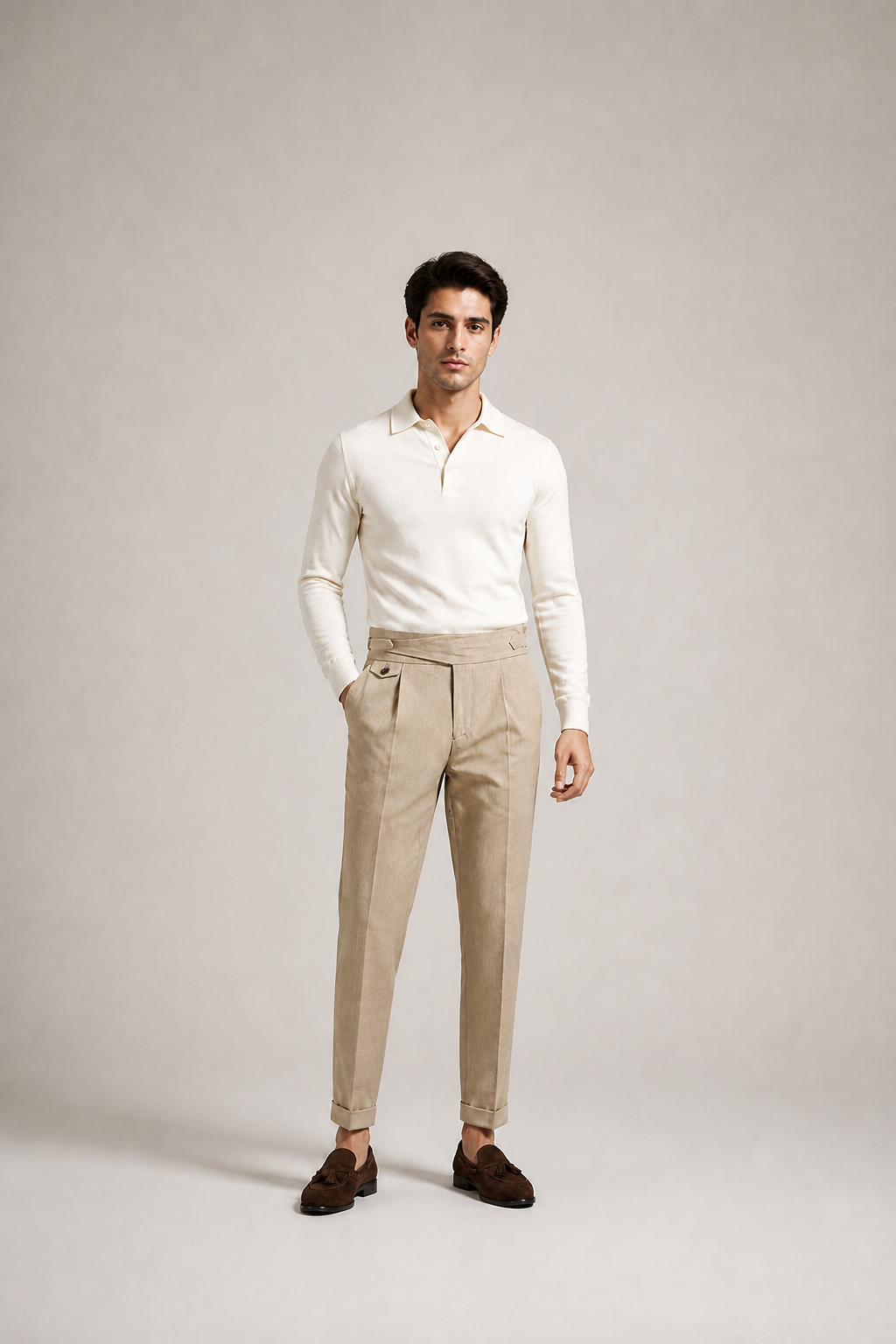 Men's Straight Leg Cotton Trousers with High Waist