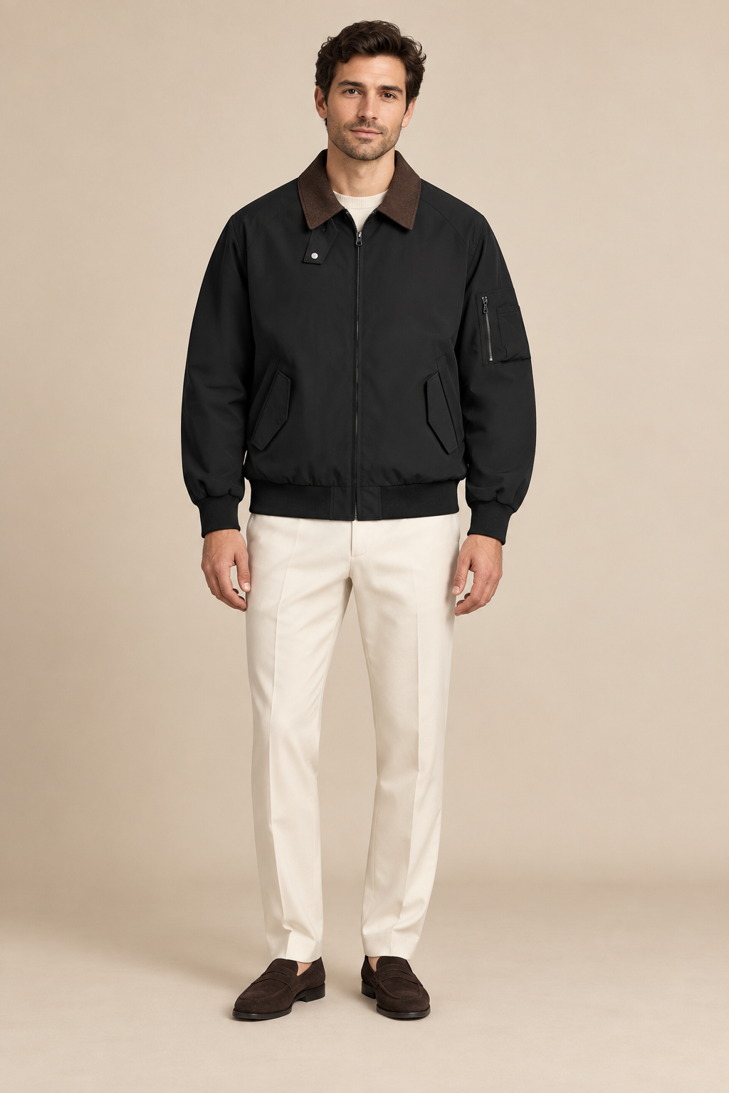 Men’s Zip-Up Harrington Jacket with Contrast Collar